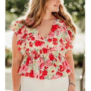 Entro 100% Cotton Ruby Floral Ruffle V-Neck Top Pink Green Womens Size Medium